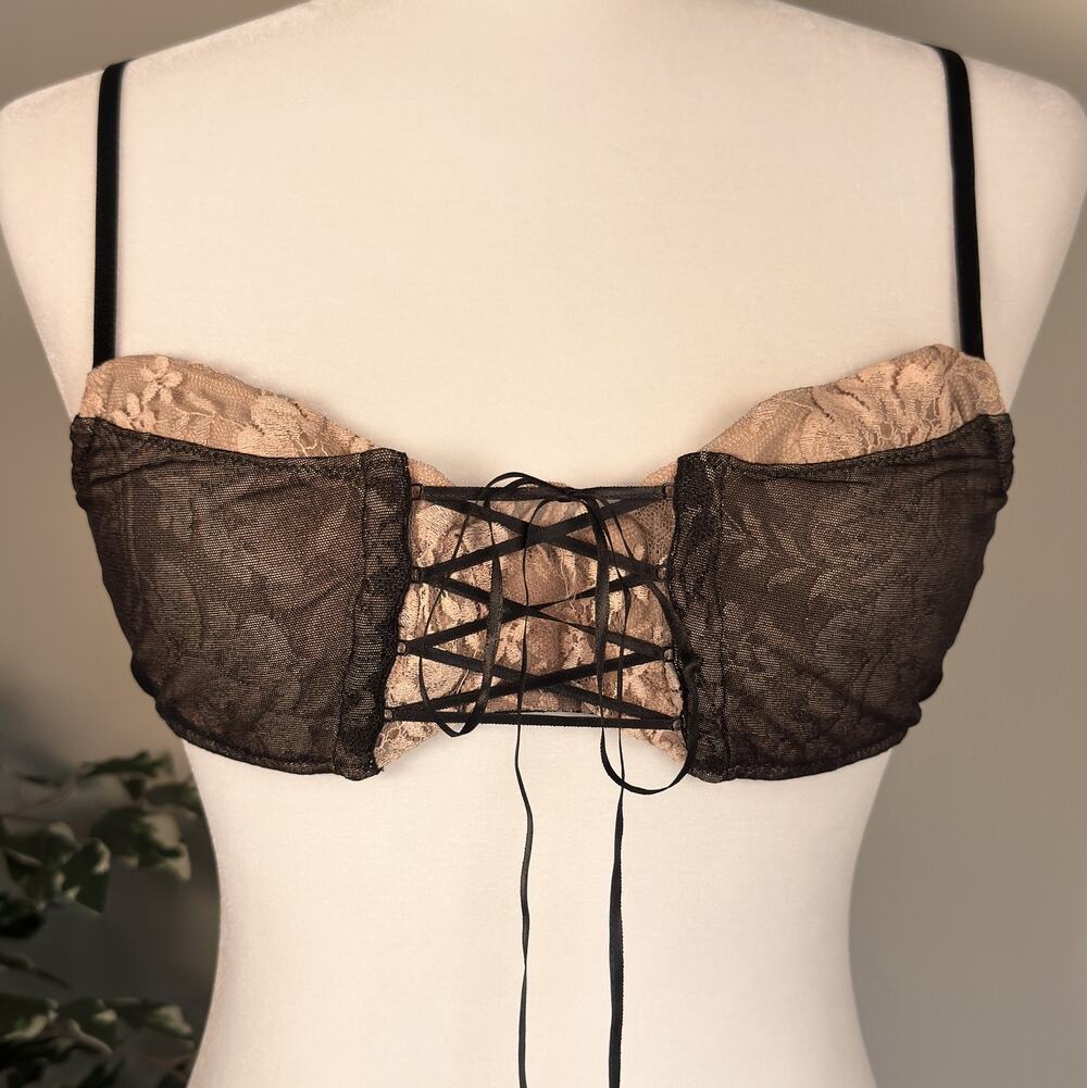 La Perla Balconette Bra 34C Black Lace-Up Corset Lingerie Vintage Boudoir Gothic